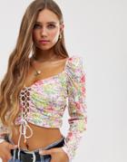 Asos Design Puff Sleeve Top With Lace Up Front In Floral Print - Multi