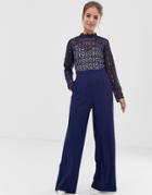 Little Mistress Cutwork Lace Top Jumpsuit In Navy - Navy