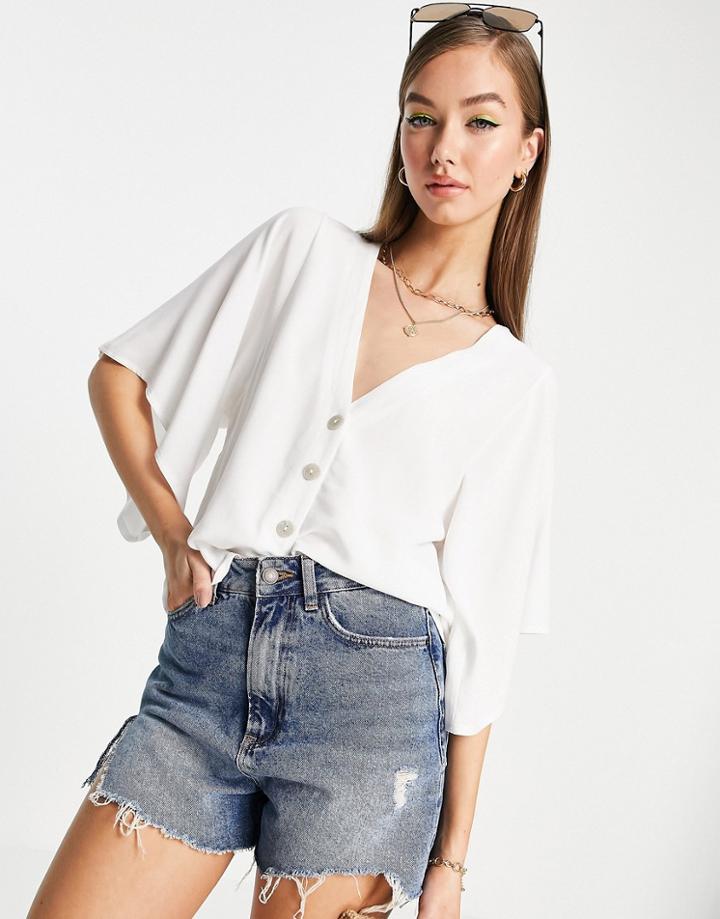Asos Design Button Through Smock Top With Kimono Sleeves In Ivory-white