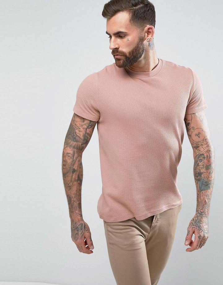 Asos T-shirt In Textured Waffle Fabric In Dusky Pink - Pink