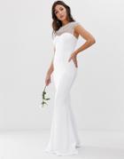 City Goddess Bridal Capped Sleeve Fishtail Maxi Dress With Embellished Detail - White