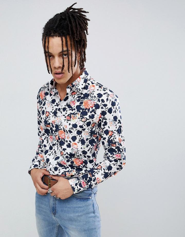 Devils Advocate Slim Fit Peach Flower Print Shirt - White