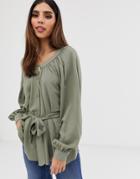Asos Design Button Through Top With Scoop Neck And Batwing Sleeve-white