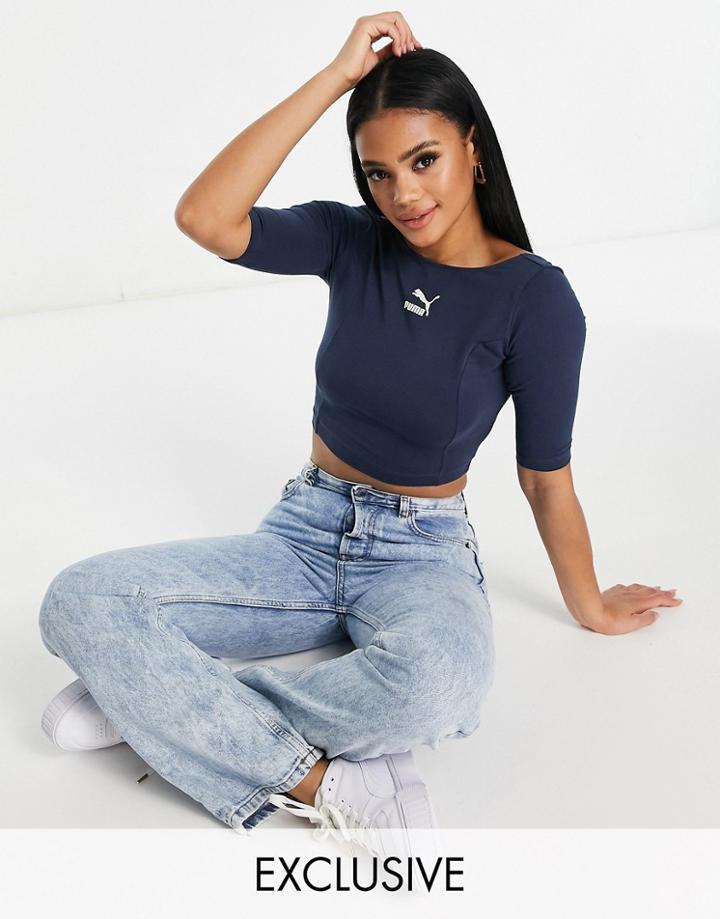 Puma Classics Short Sleeve Crop Top In Dark Blue - Exclusive To Asos-blues