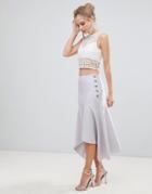 Asos Design Hanky Hem Midi Skirt With Side Button Detail-silver