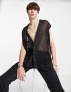 Asos Design Sheer Sleeveless Shirt With Satin Edging-black