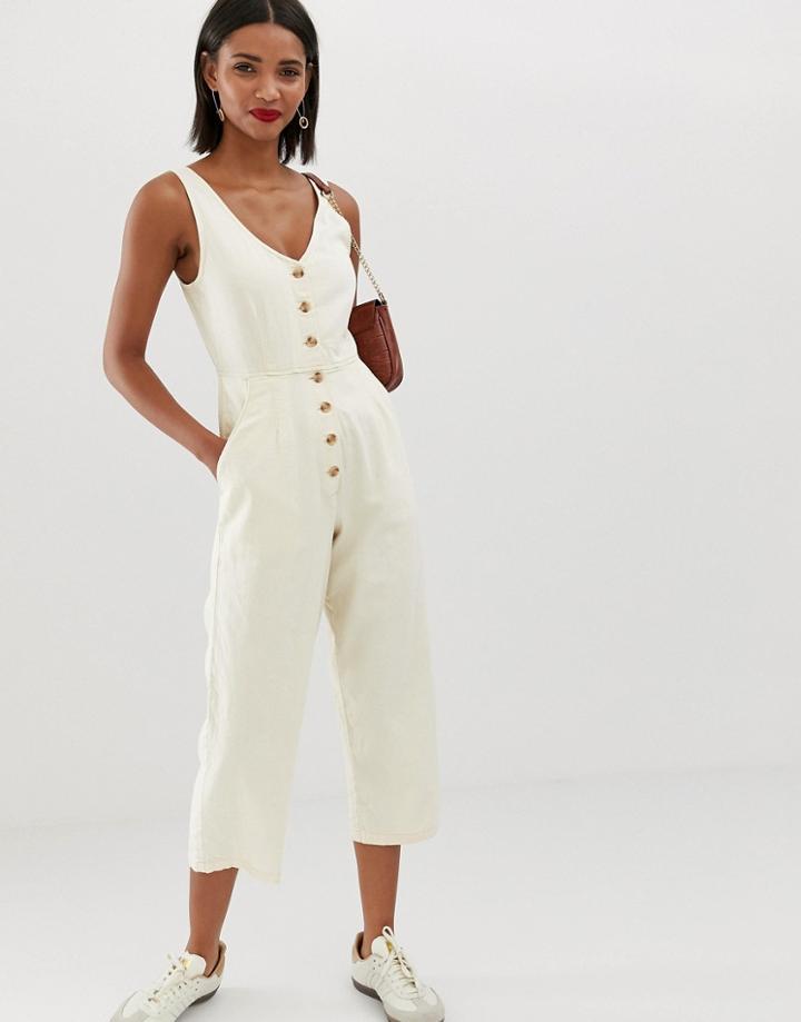 Asos Design Button Through Jumpsuit In Off White - White