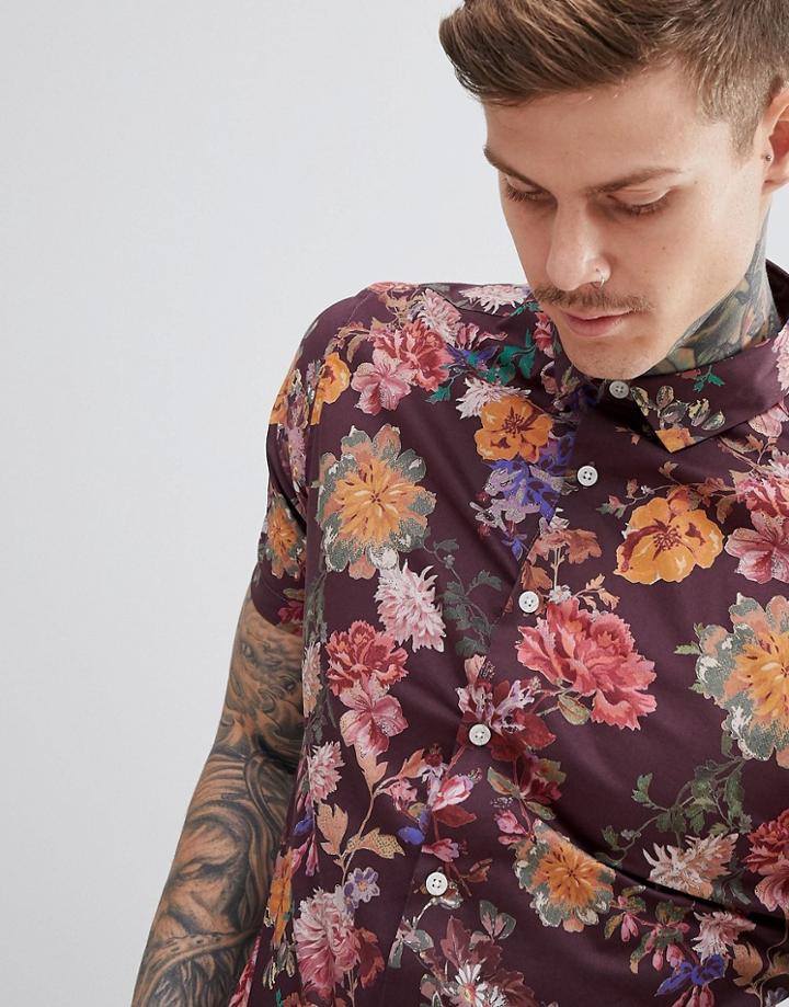 Asos Design Skinny Floral Print Shirt - Red