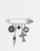 Asos Design Pin Brooch With Charms In Burnished Silver Tone - Silver