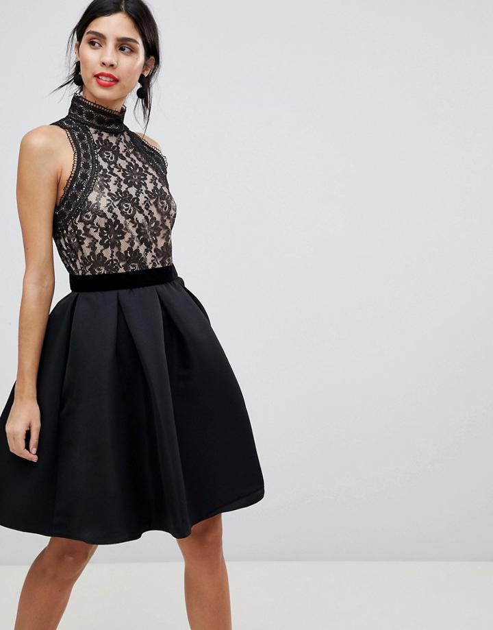 Little Mistress Fit And Flare Dress With Foiled Lace Top - Black