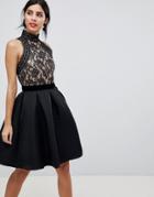 Little Mistress Fit And Flare Dress With Foiled Lace Top - Black
