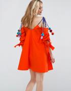 Asos Cold Shoulder Sundress With Pom Pom Detail Straps - Orange