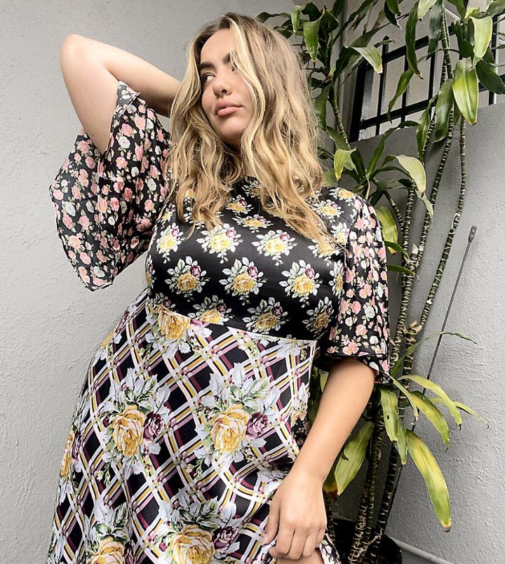 Asos Design Curve Angel Sleeve Mix And Match Print Midi Tea Dress-multi