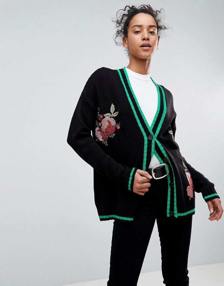 Asos Cardigan With Floral Embroidery - Black