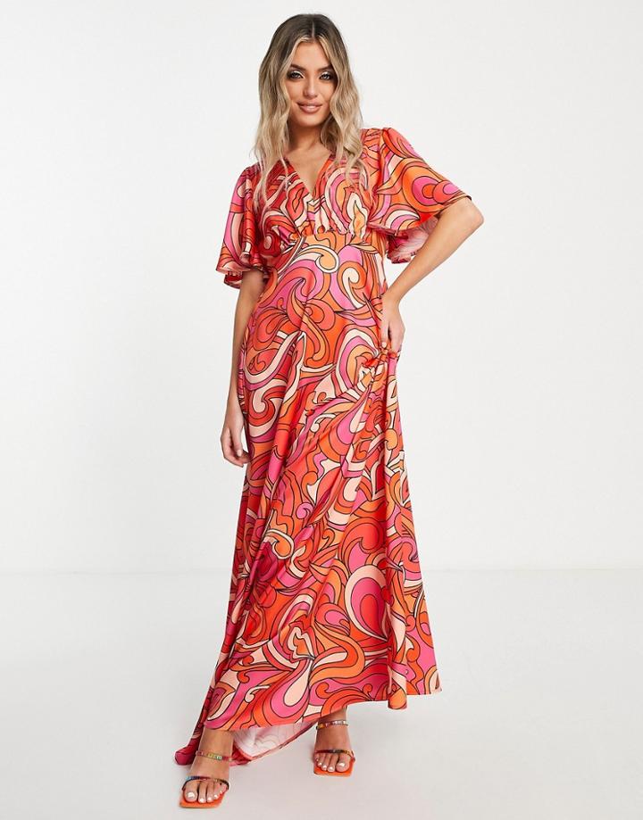 Twisted Wunder Flutter Sleeve Maxi Dress In Swirl Print-red