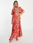 Twisted Wunder Flutter Sleeve Maxi Dress In Swirl Print-red