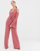 Asos Design Clean Tux Cold Shoulder Tie Waist Jumpsuit - Pink