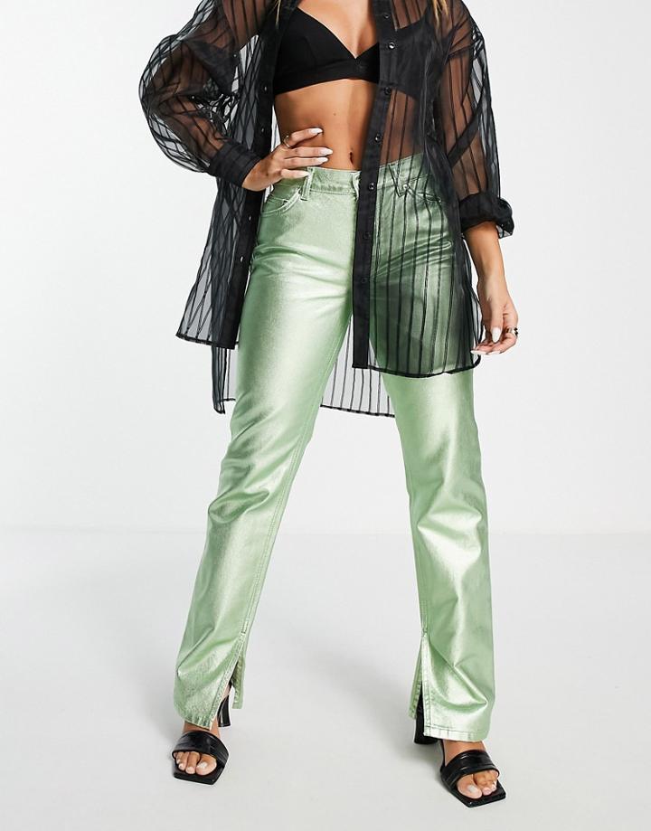 Asos Design Mid Rise 90s Straight Leg Jeans In Metallic Green