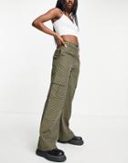 Topshop Wide Leg Pant With Utility Pockets In Khaki Check-green