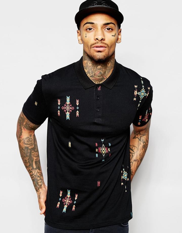 Asos Jersey Polo With Geo-tribal Print - Black