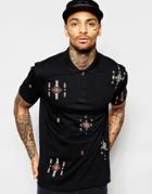 Asos Jersey Polo With Geo-tribal Print - Black