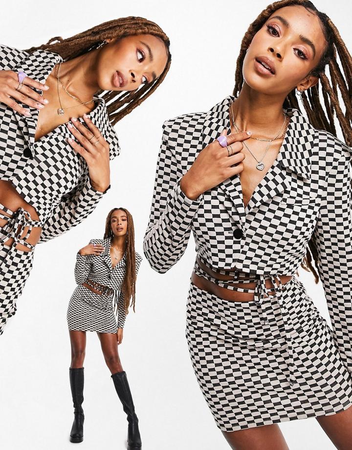 Asos Design Jersey Crop Suit Blazer In Checkerboard Print-multi