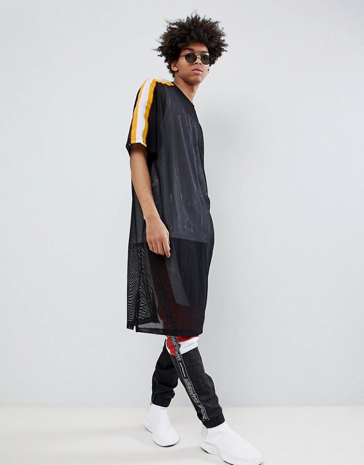 Asos Design Oversized Extreme Longline T-shirt In Mesh With Sleeve Taping - Black