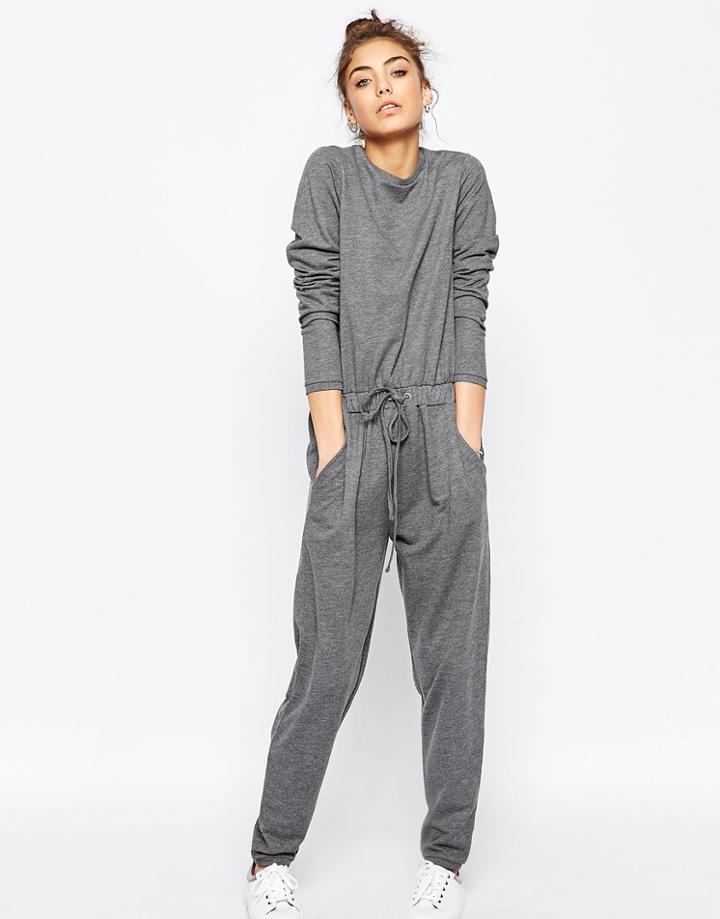 Asos Jumpsuit With Long Sleeves And Drawstring Waist In Sweat - Gray