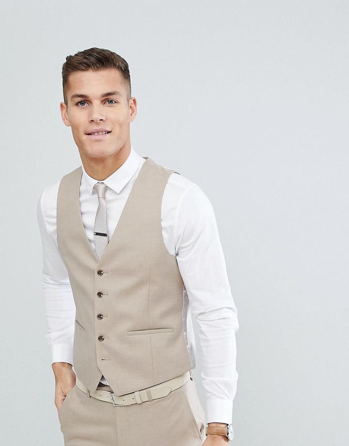 Moss London Skinny Wedding Vest In Latte - Tan
