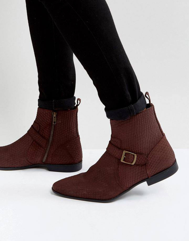 Asos Chelsea Boots In Burgundy Suede With Buckle Detail And Zips - Red