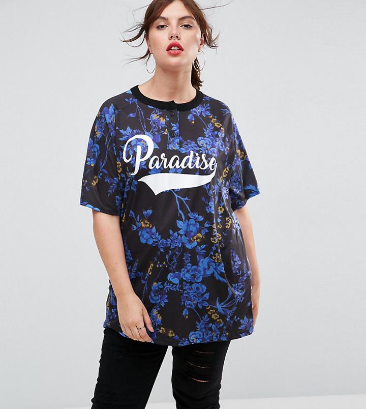 Asos Curve Super Oversized Button Neck T-shirt With Paradise Print - Multi