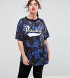 Asos Curve Super Oversized Button Neck T-shirt With Paradise Print - Multi
