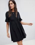 Asos Design Cotton Slubby Frill Sleeve Smock Dress-black