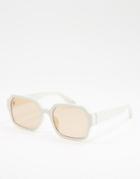 Asos Design Mid Square Sunglasses In Bone With Light Brown Lens-white