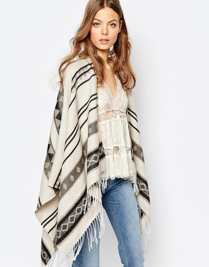 Pieces Folk Print Oversized Cape In Gray