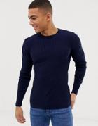 Asos Design Muscle Fit Ribbed Sweater In Navy - Navy