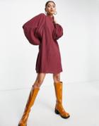 Lola May Puff Sleeve Textured Smock Mini Dress In Burgundy