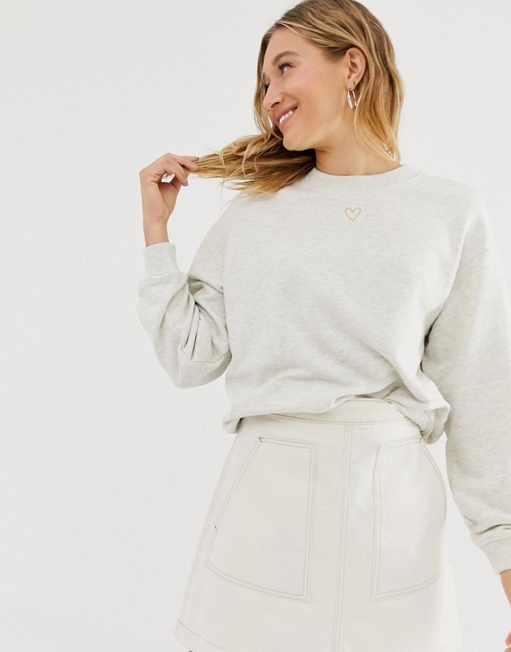 Monki Classic Sweatshirt With Heart Logo In Beige Melange