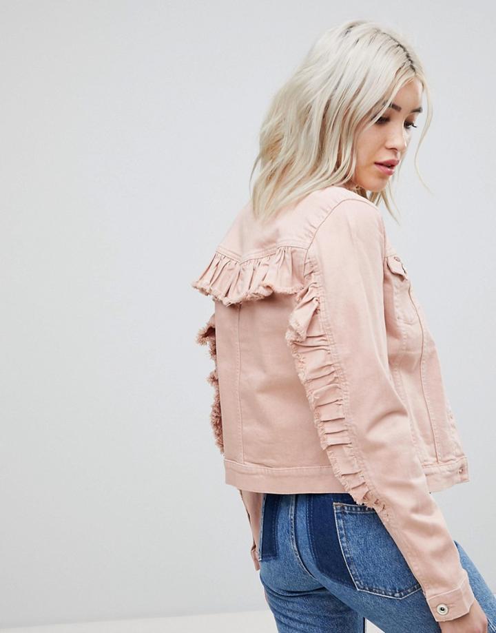 Only Colored Denim Jacket With Ruffle Sleeve - Red