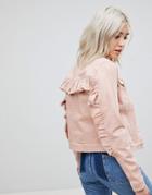 Only Colored Denim Jacket With Ruffle Sleeve - Red