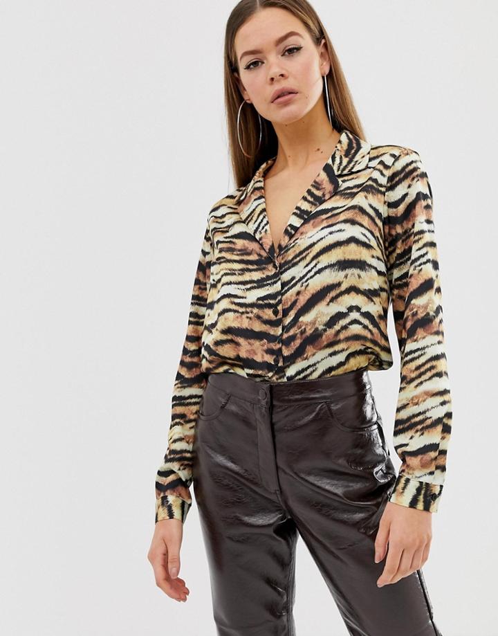 Asos Design Relaxed Satin Shirt In Tiger Animal Print - Multi