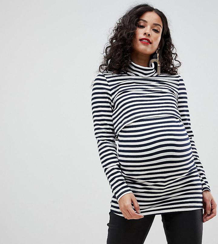 Bandia Maternity Nursing Long Sleeve Navy Stripe Polo Top - Navy