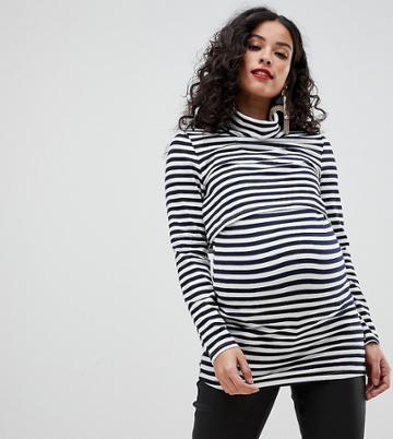 Bandia Maternity Nursing Long Sleeve Navy Stripe Polo Top - Navy