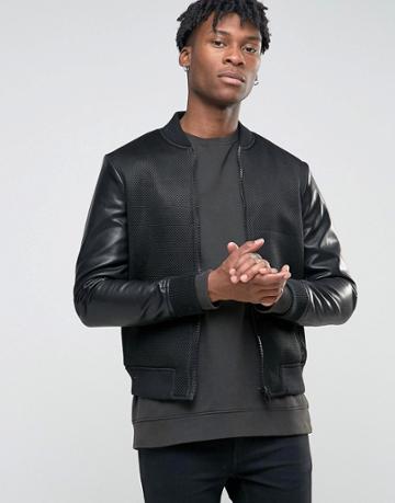 Bl7ck Mesh Bomber Jacket With Leather Look Sleeves - Black