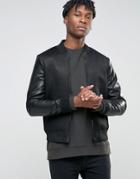 Bl7ck Mesh Bomber Jacket With Leather Look Sleeves - Black