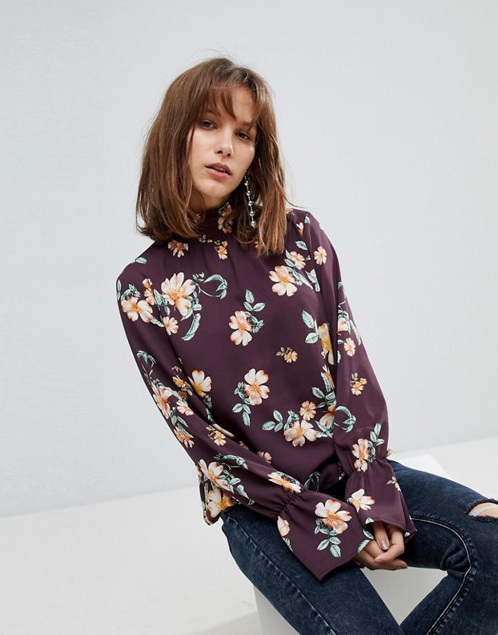 Stradivarius High Neck Floral Top - Red