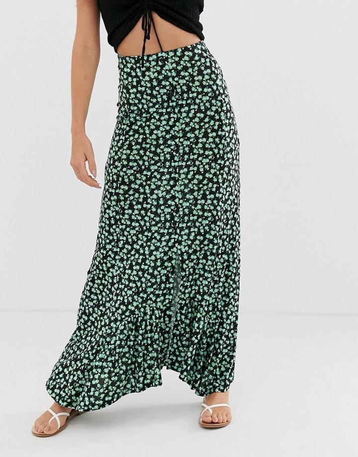 Asos Design Dip Hem Maxi Skirt With Button Front In Urban Floral-green