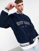 Asos Design Oversized Polar Fleece Varsity Jacket In Navy With Chest Applique