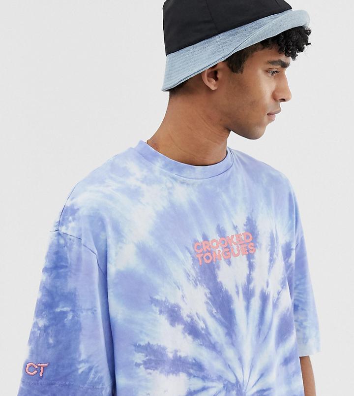 Crooked Tongues Oversized Washed Tie Dye T-shirt With Logo Print - Multi