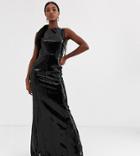 Tfnc Tall Maxi Sequin Dress With Fringed Back In Liquid Black